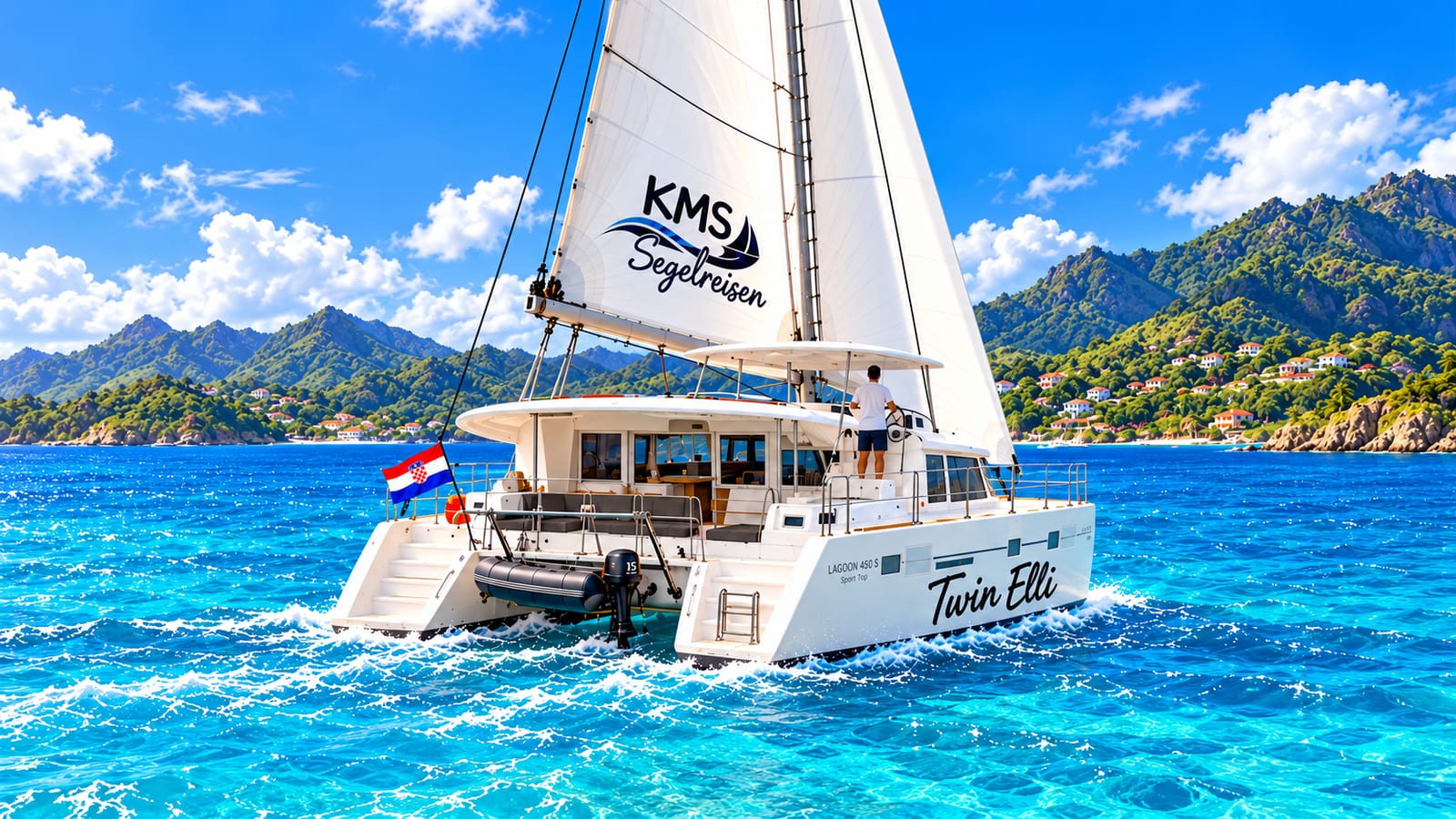 Illustration: Twin Elli, a Lagoon 450 S with a side helm station, sailing in a Caribbean bay