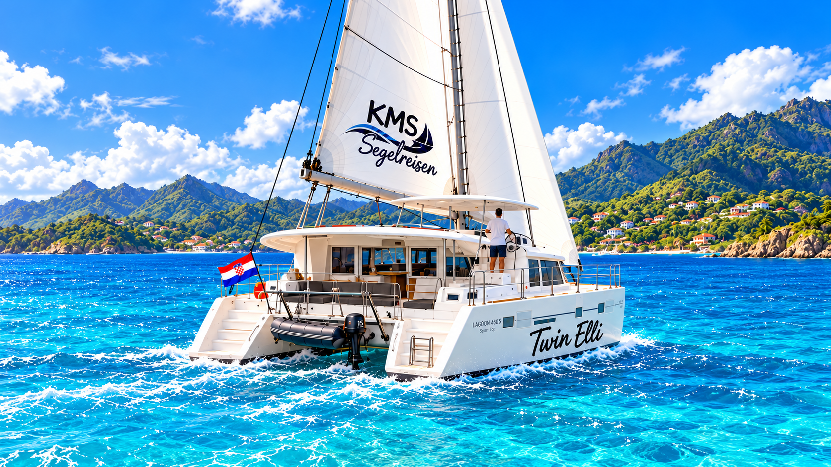 Illustration: Twin Elli, eine Lagoon 450 S mit seitlichem Steuerstand, unter Segeln in einer Karibikbucht